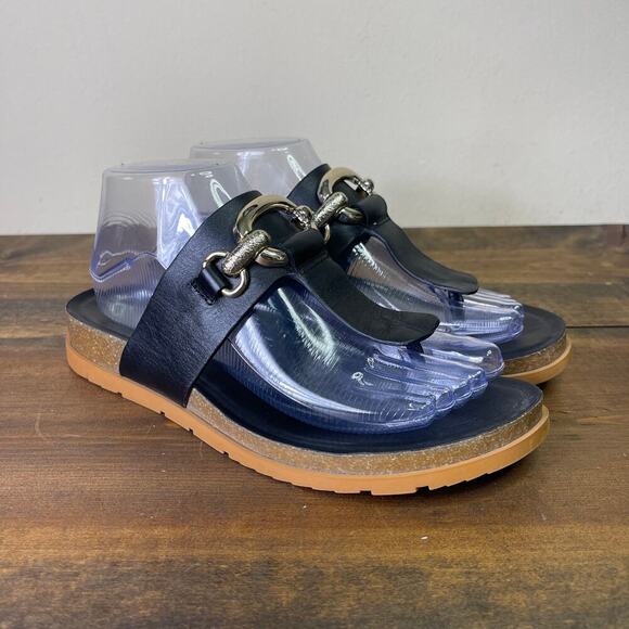 Franco Sarto Brielle Wedge Sandal Black Leather T Strap Cork Women’s 8.5 Summer - Picture 1 of 12
